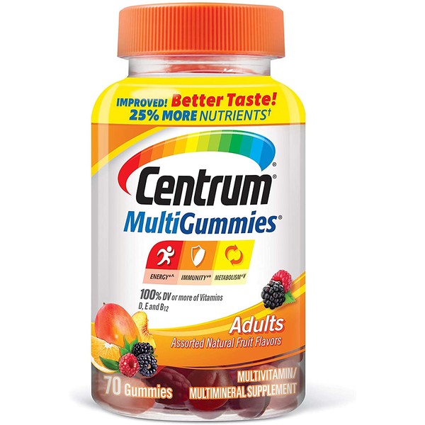 Centrum MultiGummies Gummy Multivitamin for Adults, Multivitamin/Multimineral Supplement with Vitamins D, B and E, Assorted Fruit Flavor - 70 Count