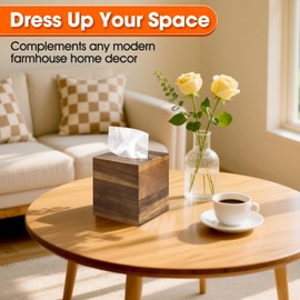 2 Pack Wooden Tissue Box Cover Square - Acacia Wood Tissue Box Holder for Tabletop Stands Bathroom Office- Decorative Facial Wood Tissue Box Cover for Modern Farmhouse Decor-Retro Natural Wood Color