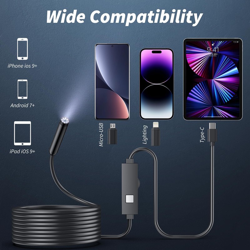 Endoscope Camera with Light,1920P HD Borescope Tools with 8 Adjustable