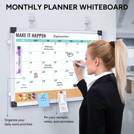 Marsrock Monthly Calendar Whiteboard and Cork Board Combo for Wall, 17"x13" Reversible Hanging Dry Erase Board, Double Sided White Board with Aluminum Frame for Planning, Office, Kitchen, School, Home