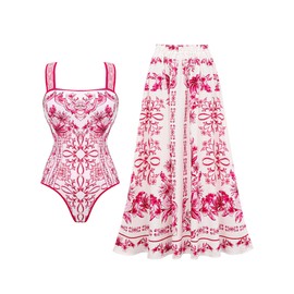 FLAXMAKER Lily and Majolica Series Intertwine Pattern Print Sling One Piece Swimsuit and Skirt (US, Alpha, Small, Regular, Regular, Red #1 Swimsuit and Skirt)