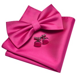 Gusleson Hot Pink Bow Tie and Pocket Square Cufflink Set for Wedding Mens Solid Color Pre-tied Bow ties (UK0570-37)