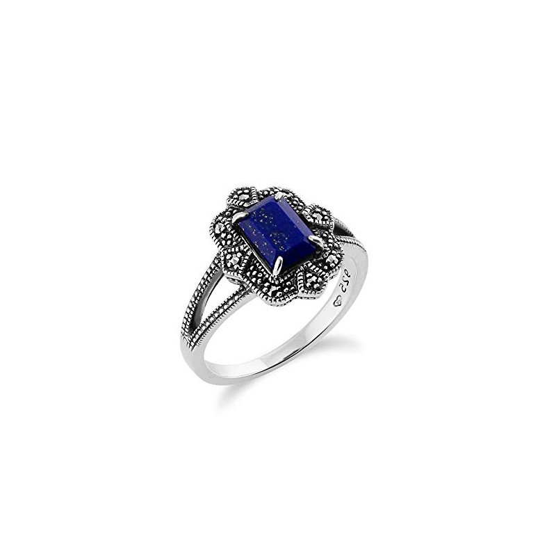 925 Sterling Silver Art Deco Lapiz Lazuli & Marcasite Ring