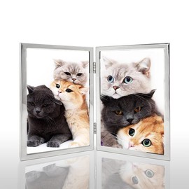 DECANIT 5x7 Picture Frame Double Hinged Silver Metal Thin Edge Frame with High Definition Glass Front Folding Frames Stand Vertically on Tabletop,Silver