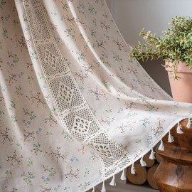 ENJOYBRIDAL Floral Curtains 84 Inch Length 2 Panels Crochet Lace Patchwork Drapes Semi-Sheer Boho Tassel Bedroom Living Room Farmhouse Beige Country Rustic Rod Pocket Window Curtain Panels
