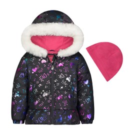 London Fog Girls' Toddler Quilted Puffer Winter Jacket with Fleece Hat, Grey Ombre Hearts, 4T
