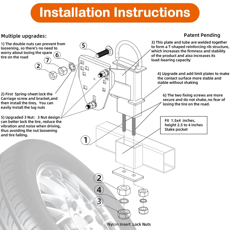 Jorohiker Stake Pocket Spare Tire Carrier with D-Ring ,Spare Tire