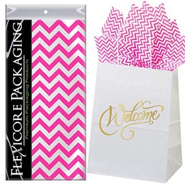 Flexicore Packaging White Kraft Paper Welcome Bags & Hot Pink Gift Wrap Tissue Paper | Size: 8 Inch X 4.75 Inch X 10.5 Inch | Count: 50 Bags | Color: Hot Pink Chevron