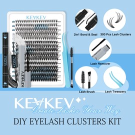 KevKev Lash Extension Kit 300Pcs Individual Lashes Kit Lash Clusters Kit DIY Eyelash Extension Kit with Lash Bond and Seal Lash Applicator Wispy Lashes Look Like Extensions (20D+40D+50D, D-10-18mix)