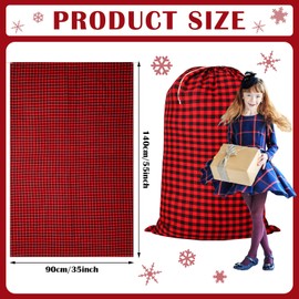 Sweetude 3 Pack Christmas Drawstring Gift Bags 35''x 55'' Extra Large Christmas Buffalo Plaid Gift Bags Red and Black Cotton Cloth Sack for Xmas Holiday Party Supplies