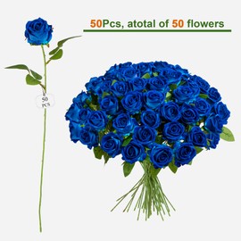 Uqueeten Fake Plants Roses Flowers Plastic Flowers Spring Decorations for Home Gifts for Gf Roses Artificial Flowers for Vase Fake Flowers Home Decor Fake Plant 19.6"(50PCS Blue)