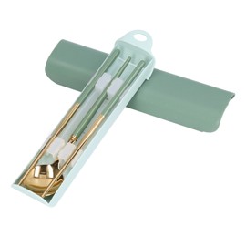 Stainless Steel Flatware Set Reusable Utensils Set Student Cutlery Storage Box Travel Fork Spoon Chopsticks SetGreen Gold