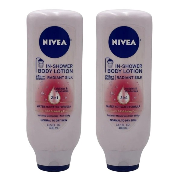 2 Pack Nivea In Shower Body Lotion Radiant Silk Exfoliate & Moisturize 13.5 oz