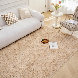 OMERAI Living Room Rug, Non-Slip, Beige, Bedroom Rug, High Pile Shaggy Rugs, Area (Beige, 90 x 150 cm)