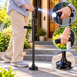 Foldable Walking Cane for Daily Mobility – Adjustable Aluminum Cane with LED Light, Alarm and Support Handle for Everyday Use