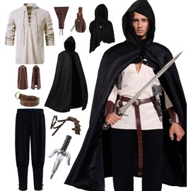Akokvlar 10 Pcs Men Renaissance Costume Medieval Pirate Shirt Ankle Banded Pants Viking Outfit Set (Small, Black)