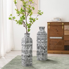 White & Black Flower Vase Decorative Set of 2 Tall Metal Floor Vase Rustic Roman Style Pattern Farmhouse/Boho Square Shape Vase for Centerpiece Home Decor