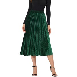 Allegra K Women's Elastic Waist Party Metallic Shiny Accordion Pleated Midi Skirt Green M-12