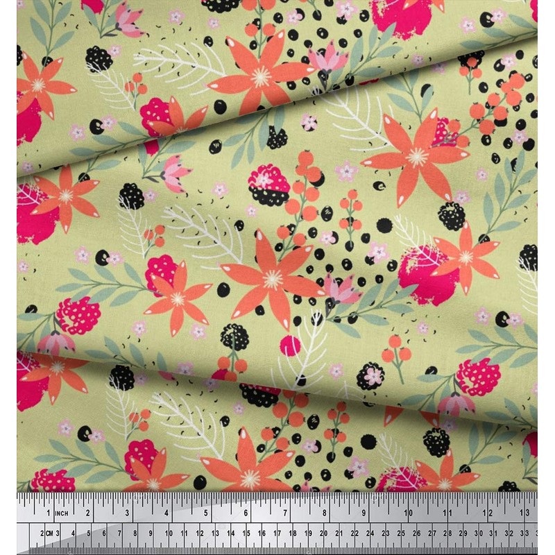 Soimoi Beige Japan Crepe Satin Fabric Pecan Leaves & Floral