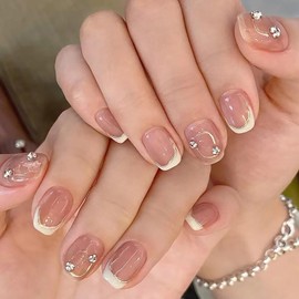 24Pcs French Tip Press on Nails Short Aritifical Square Fake Nails Rhinestones Design Nude Arcylic False Nails Full Cover Reusable Coffin Nails Nature Fit Stick on Nails Glue on Nails for Women