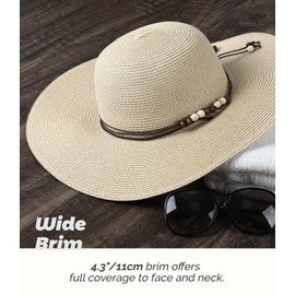 Creekstone Strohhut für Damen, Sonnenhut Breite Krempe, UPF 50+ UV Sonnenschutz, Faltbar Floppy Sommer-Strandhüte mit Windband (DE/NL/SE/PL, Alphanumerisch, L, Beige)
