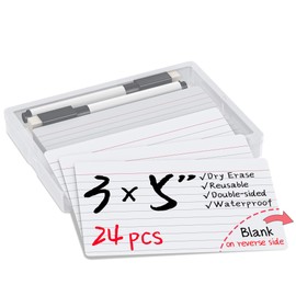 Mehaving Dry Erase Index Cards 3x5 Ruled & Blank, 24 Sheets Reusable Graph Flash Cards Blank with Box, Waterproof Note Cards for Studying, Small White Board Dry Erase Board, Teacher & School Supplies
