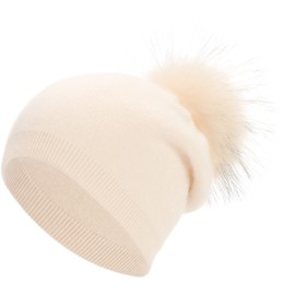 Cream Cashmere Slouchy Beanie for Winter Warm Hat Women Beige Real Fur Pom Pom Winter Hat Cashmere Wool Knit Hat Beanie Ski Skull Cap Hat (Beige Pom)