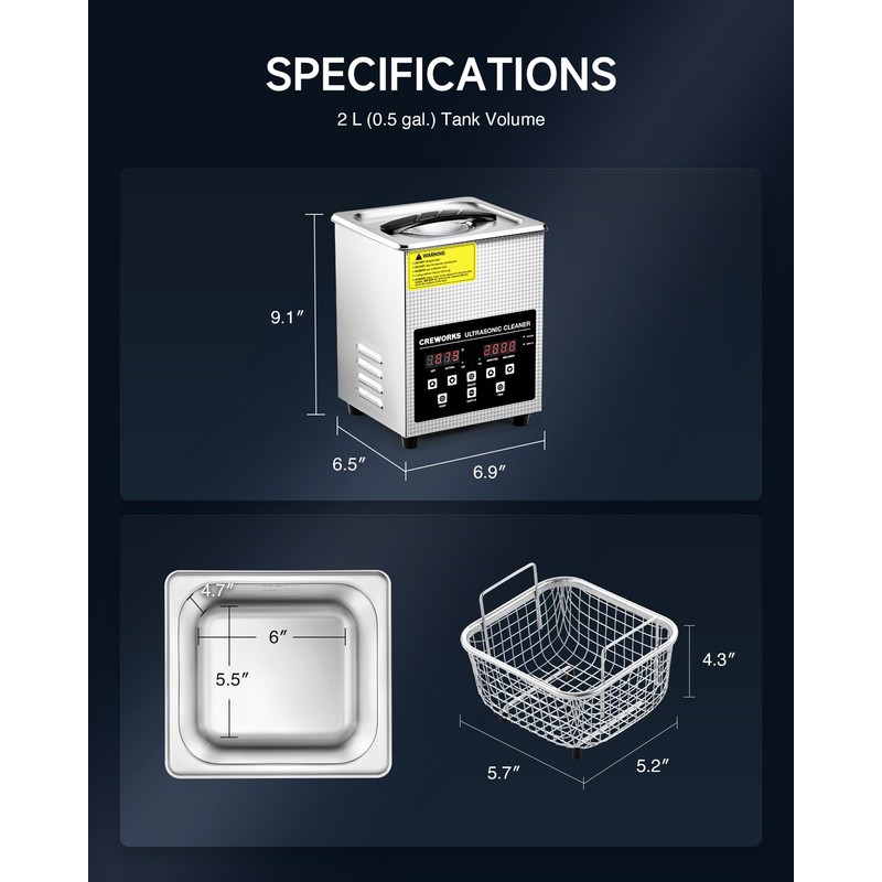 CREWORKS 2L Digital Ultrasonic Cleaner with Degas & Gentle Modes,