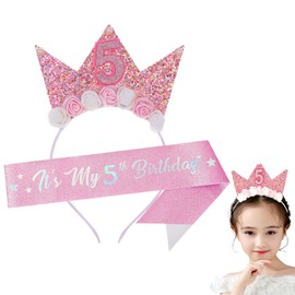 Trifletopia 5th birthday decorations girls - featuring a glittery birthday girl sash and headband - flower princess crown headband