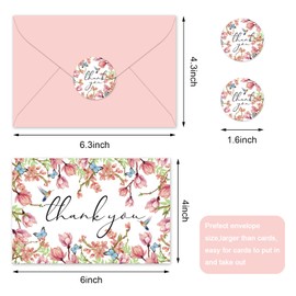 Whaline 24 Pack Magnolia Thank You Cards Pink Flower Hummingbird Butterfly Note Cards with Envelopes Stickers Greeting Blank Cards for Spring Wedding Birthday