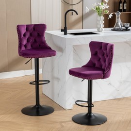 Swivel Bar Stools Set of 2, Counter Height Bar Stools with Metal Base, Upholstered High Chair with Nailhead Trim Button Tufted Back for Kitchen Island Dining Room, Purple