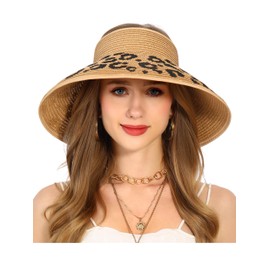 soul young Womens Beach Straw Sun Hats Ponytail Hole Wide Brim Summer Visor Foldable Hat Sun Protection Packable for Travel Pool(One Size,Khaki with Leopard 2)