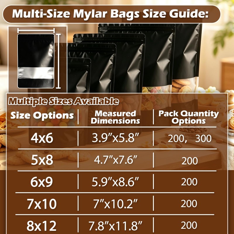 200pcs Black Mylar Bags 8x12 Stand Up Resealable Mylar Bags