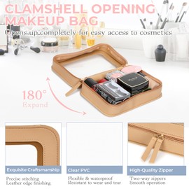 Aintmax Clear Makeup Bag TSA Approved Waterproof Travel Toiletry Bag Leather Cosmetic Organizer Case Transparent Car Storage Pouch for Women(Khaki-M)