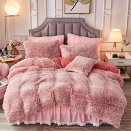 JAUXIO Faux Fur Fluffy Comforter Duvet Cover with Pillowcase Luxury Shaggy Bedding Set Ultra Soft Crystal Velvet Reverse (Twin, Pink Ombre)