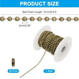 PATIKIL 10m/32.8ft Beaded Ball Chain, 2mm Stainless Steel Pull Chain Extension with 20 Pcs Connectors for Tag Chain, Keychain Rings, DIY Crafts, Bronze