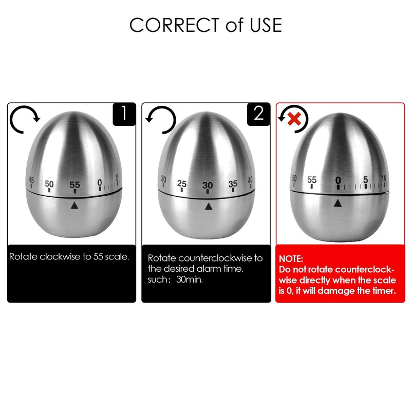 Jayron JR-WG015 Egg Kitchen Timer Stainless Steel Mechanical Rotating Alarm