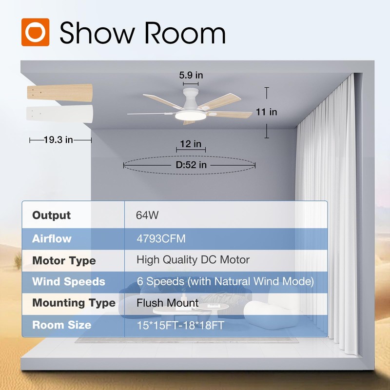 addlon Ceiling Fans with Lights, 52 inch Flush Mount Ceiling