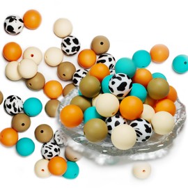50PCS Silicone Beads Keychain Making Kit, Energetic Citrus Burst Beads Set with Cow Print Silicon Beads 15mm for Wristlets, Pens, Necklace Jewelry DIY, Round Rubber Beads Craft Assessories