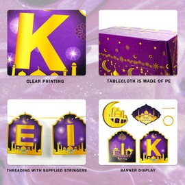 zhxinashu Eid Mubarak Garland - Eid Mubarak Decoration, Purple Gold Glitter Moon & Stars, Muslim Eid Party Decoration, Ramadan Decoration Set Living Room, Islamic Eid Celebration Accessories