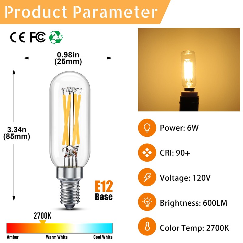 Dimmable T6 LED Light Bulb,E12 Candelabra Bulb 60 watt(6W),Small Decorative