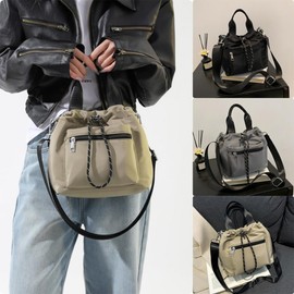 LEOLEO Shoulder Bag, Drawstring Bag, Tote, 2-Way, Shoulder Bag, Nylon, Pochette, Handbag, Small, Lightweight, Cross-body, Casual, Bucket Bag, Popular Bag, Unisex (Gray)