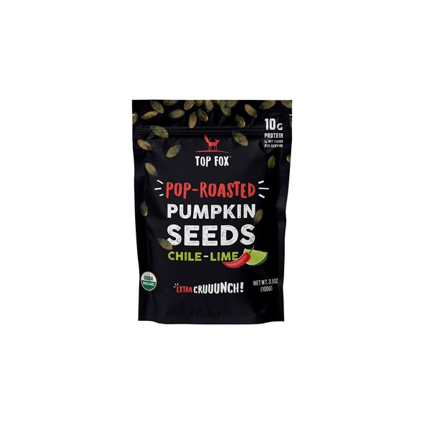 Top Fox Snacks - Organic Pop-Roasted Pumpkin Seeds | Healthy Protein Snacks - Gluten Free - Keto and Vegan Friendly (Chile Lime, 3.5 oz - 2 Pack)