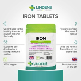 Lindens Iron 14mg - 120 Vegan Tablets - Reduce Tiredness, Increase Energy | Creates Healthy Red Blood Cells | Normal Oxygen Transportation | (4 Months Supply) | UK Manufacturer, Letterbox Friendly