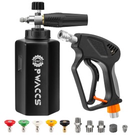 PWACCS Pressure Washer Gun with Foam Cannon, Short Pressure Washer Gun with Swivel, Foam Cannon for Car Wash Foam Gun Kit with 1/4" Quick Connector, 5 Pressure Washer Nozzle Tips, 1.5 Liter, 5000 PSI