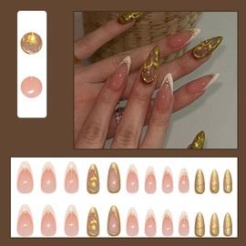 BQZQPAMZ 24PCS Gold Almond Shape Fake Nails Pink French Tip Press On Nails 3D Star Nail Charms Acrylic Glue On Nails Glossy False Nails for Women DIY Spring Nail Art Supplies