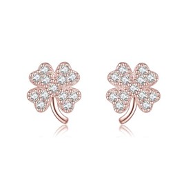 Reffeer Solid 925 Sterling Silver CZ Four Leaf Clover Earrings Stud for Women Teens Sparkle Leaf Stud Earrings (C-Rose Gold)