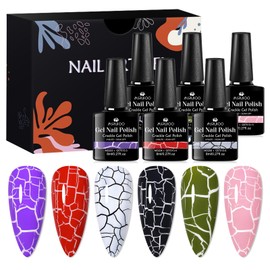 MSRUIOO 6 Colors Crackle Gel Nail Polish Set Purple Red Black White Green Pink Amazing Crackle Effect Long-lasting UV LED Lamp Needed