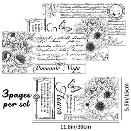 BEUNITONE 3 Sheets Vintage Word Rub on Transfers Black Warm Pattern Letters Rub on Transfer Furniture Stickers Decal Butterfly Flower Retro Stamps Words Rub on Transfer for Crafts 11.8 * 5.9 in