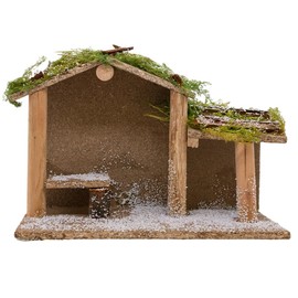 VILLAGE GIFT IMPORTERS Snowy Nativity Stable for Tabletop Creche Scene | Pine, Wood, and Snow Accents | Christian Christmas Home Decoration | Winter Stable for Holy Family Statues